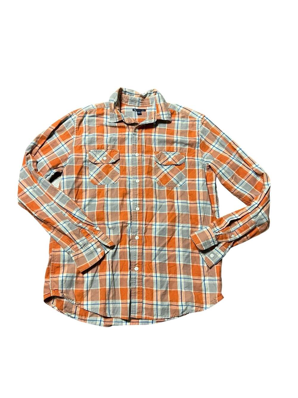 Gap Men's Orange and Grey Plaid Long Sleeve Button-Down Shirt